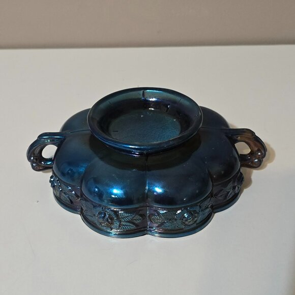 Vintage Jeanette Aztec Rose Blue Carnival Glass Double Handed Bowl - Picture 3 of 7